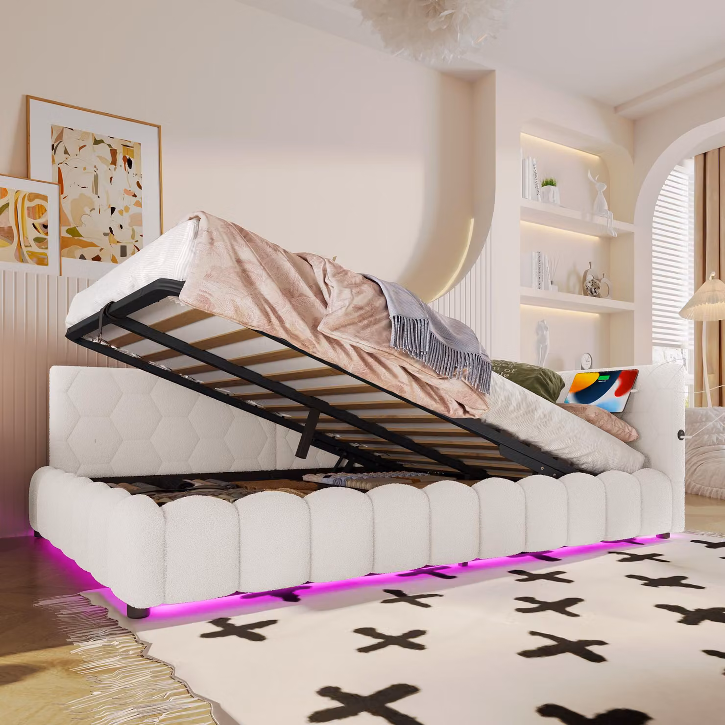 Letto a giorno 140 x 200 cm con spazio contenitore a sollevamento idraulico, striscia LED, porte USB e di tipo C, rete a doghe, rivestimento in tessuto simile al velluto, senza materasso