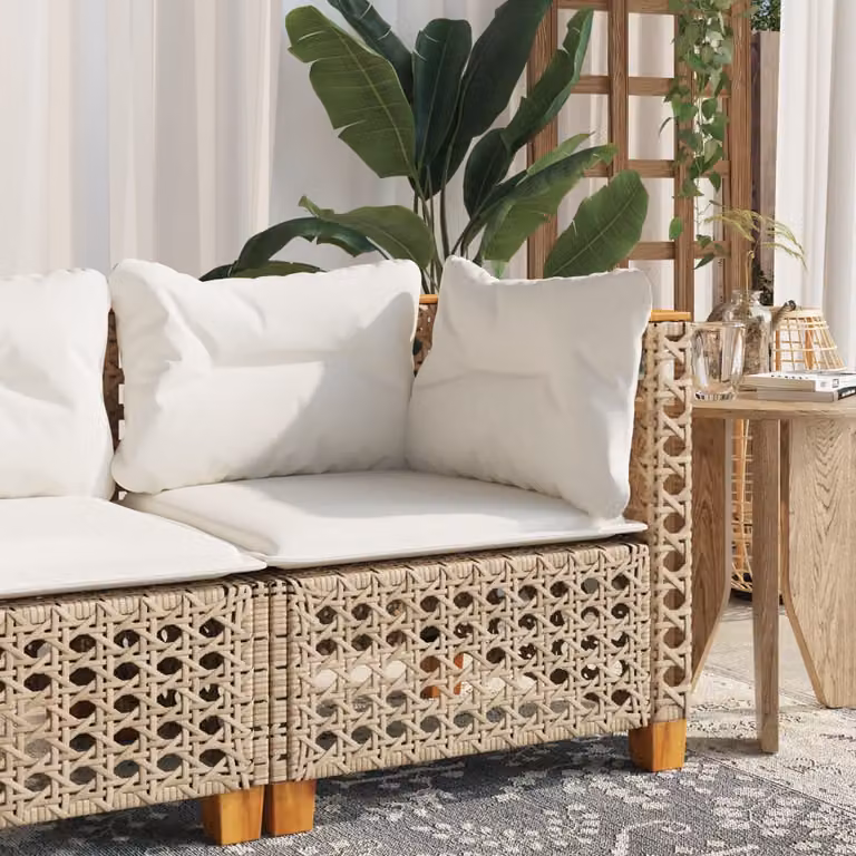 vidaXL Divano Angolare da Giardino in Polyrattan con Cuscini Beige e Struttura in Legno di Acacia