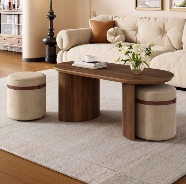 Set tavolino da caffè ovale con 2 sgabelli imbottiti; MDF e pino; noce
