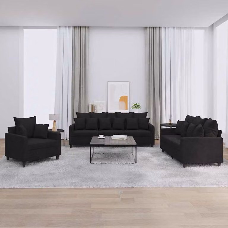 Set di divani 3 pezzi vidaXL in velluto nero con cuscini per soggiorno moderno