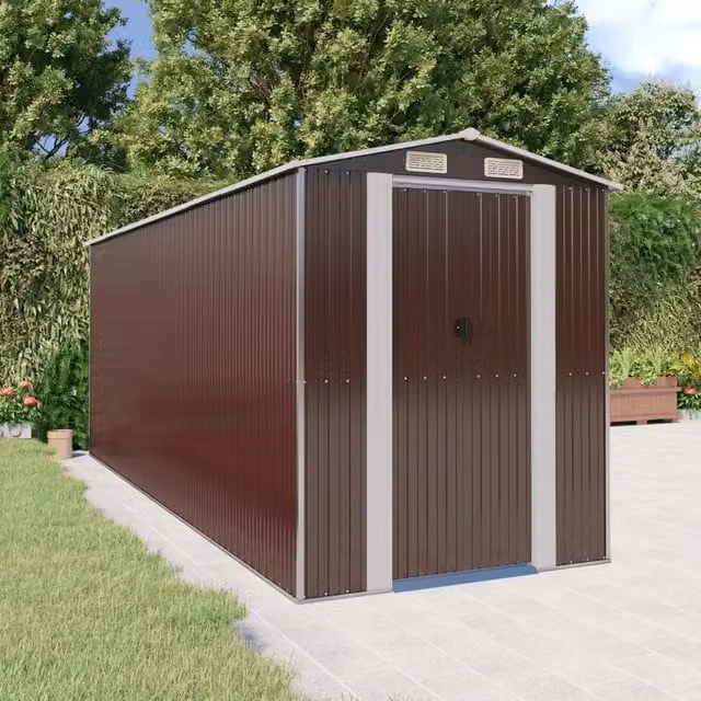 Capanno da Giardino Videx in Acciaio Zincato Marrone con Tetto a Capanna e Porte Scorrevoli L: 523 cm, P: 192 cm, H: 223 cm
