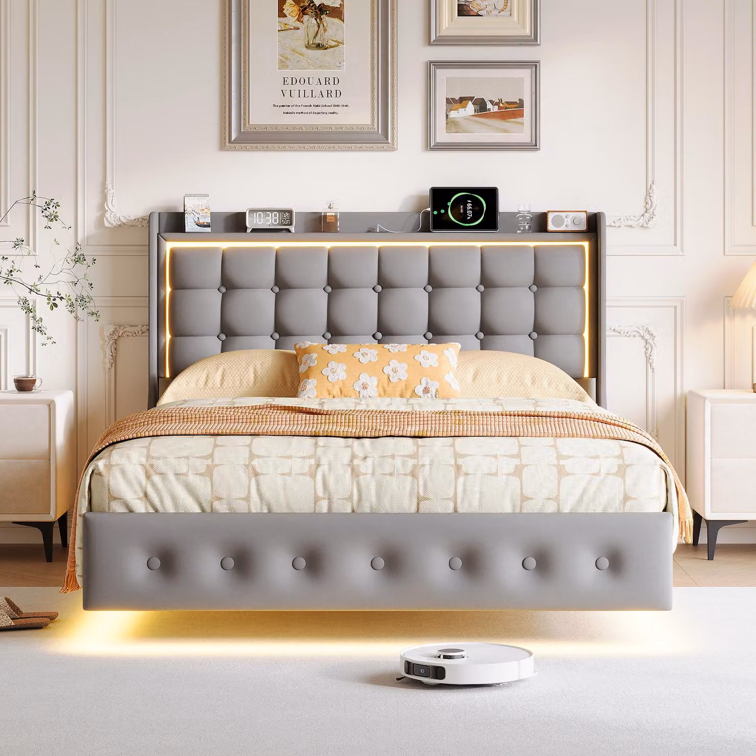 Letto imbottito a LED ProximaX 160x200 cm, velluto grigio scuro, letto sospeso con illuminazione RGB e stazione di ricarica USB