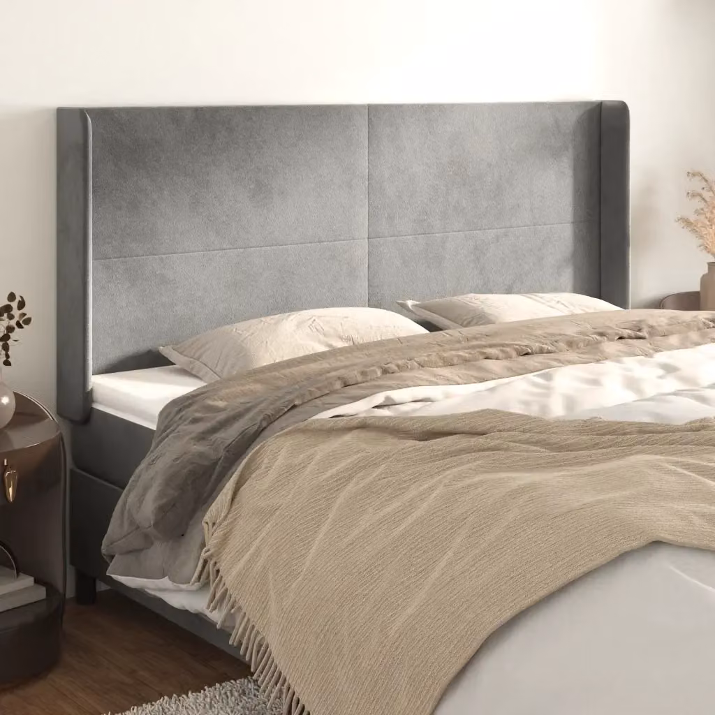 Testata del letto ad orecchio in velluto grigio chiaro L: 183 cm, P: 16 cm, H: 118/128 cm – 2