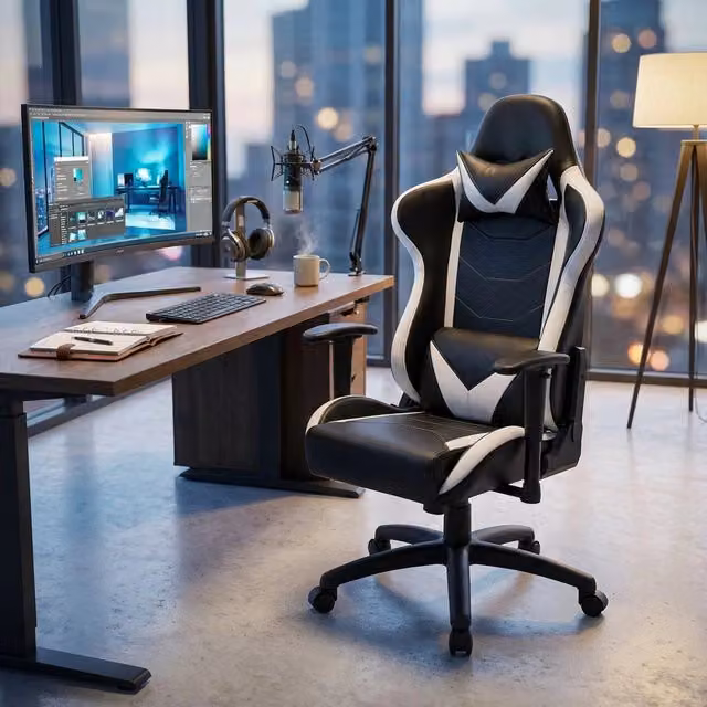 Poltrona da Gaming JINX in ecopelle nera con braccioli e poggiatesta, L: 70 cm, P: 72 cm, H: 129 cm