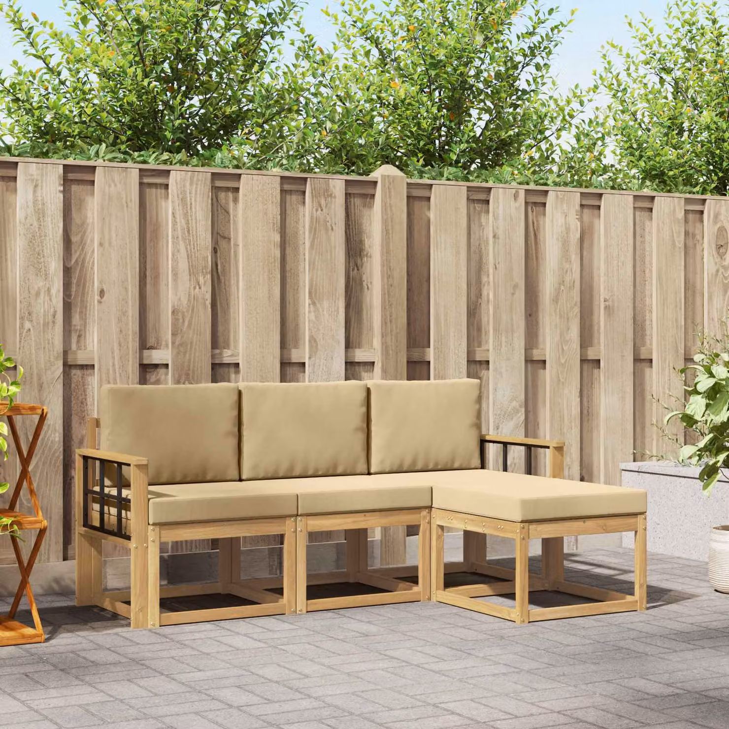 Set di divani da esterno vidaXL a forma di L in legno di acacia con cuscini, marrone e beige