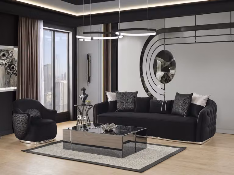 Sofagarnitur Sofa 4 Sitzer Sessel Viersitzer Stoff Schwarz Polyester