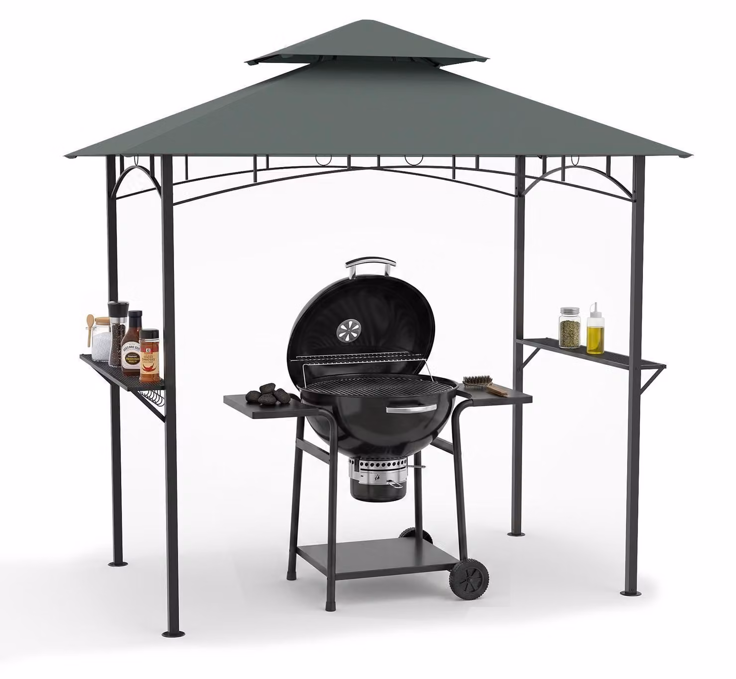 KOMFOTTEU, struttura di copertura per barbecue, cestino, ganci, 2 ripiani, dimensioni 240 x 151 x 255 cm (grigio)