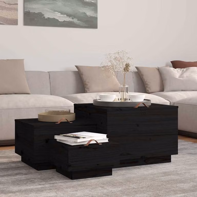 Set di 3 contenitori portaoggetti con coperchio e maniglie vidaXL in legno massello di pino, colore nero