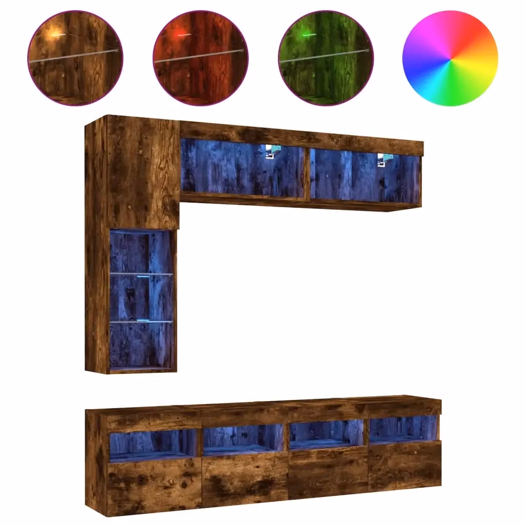 Set di mobili TV da parete vidaXL in 7 pezzi con luci LED integrate, design moderno in rovere color marrone opaco – 2