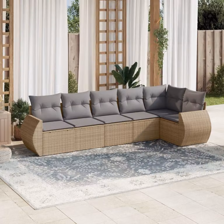 vidaXL Set Divano da Giardino 6 pz a L in Polyrattan con Cuscini Beige e Grigio