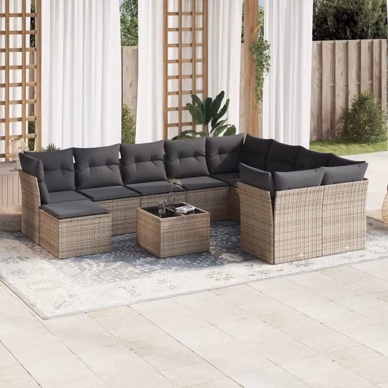 vidaXL Set Divani da Giardino 11 pz in Polyrattan Grigio con Cuscini e Tavolino
