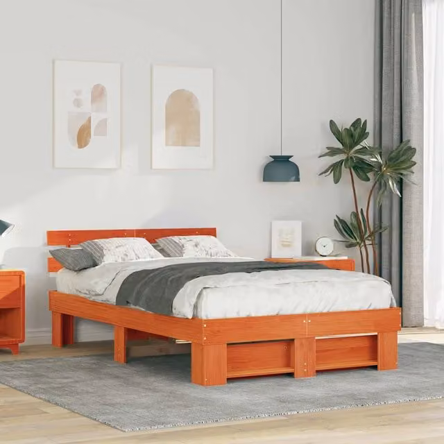 Letto matrimoniale moderno in pino massello marrone cerato L: 140 cm, P: 190 cm