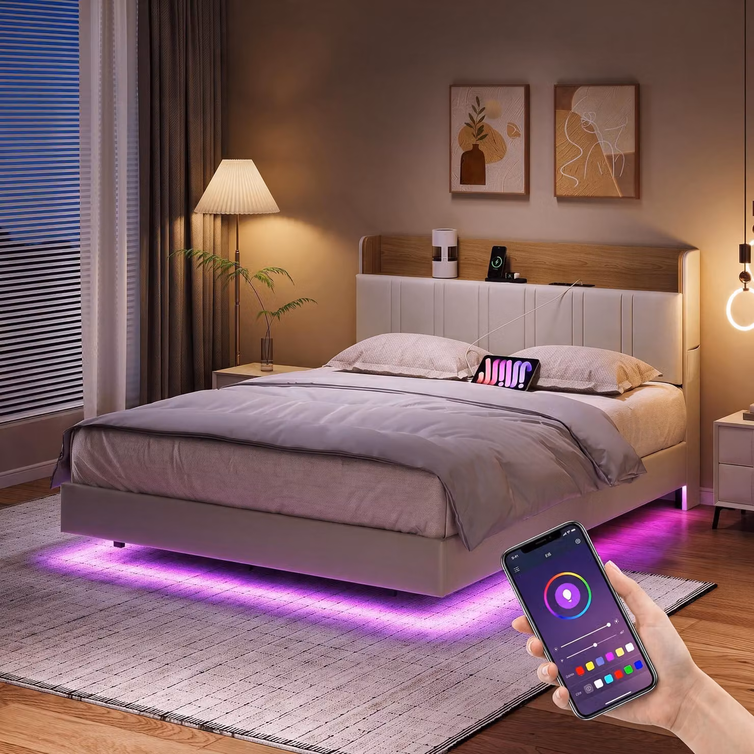 Letto imbottito INONEFT, 140x200 cm, con illuminazione LED, design sospeso, dotato di stazione di ricarica USB, struttura in metallo con rete a doghe e testiera con spazio contenitivo, rivestito in PU, colore beige