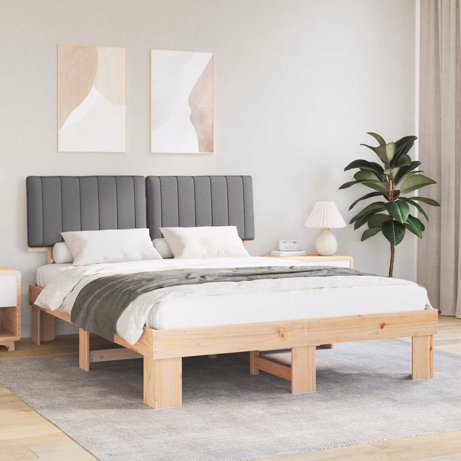 vidaXL Letto Moderno con Testiera Rivestita in Tessuto Grigio L/P/H: 150 x 200 x 93 cm – 1