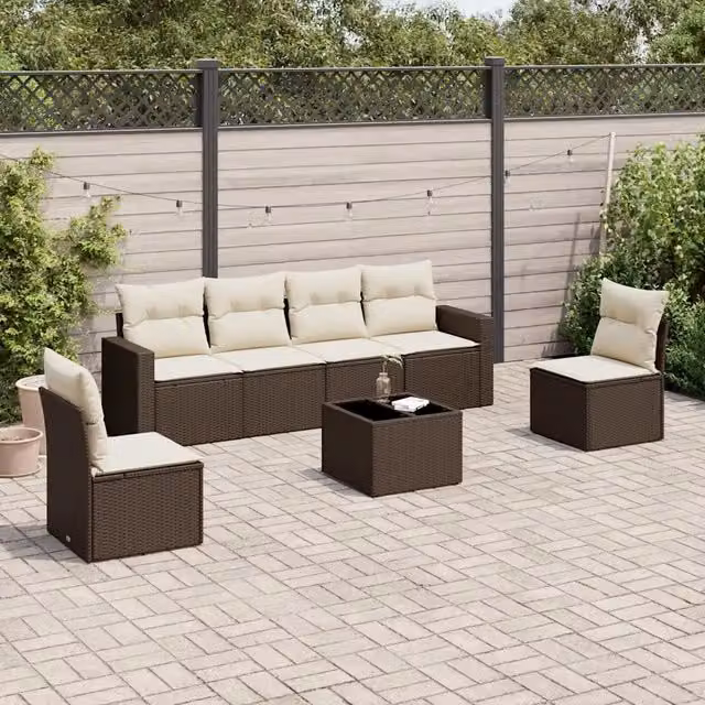 Set di divani da giardino VIDAXL in polyrattan marrone con cuscini, 7 pezzi