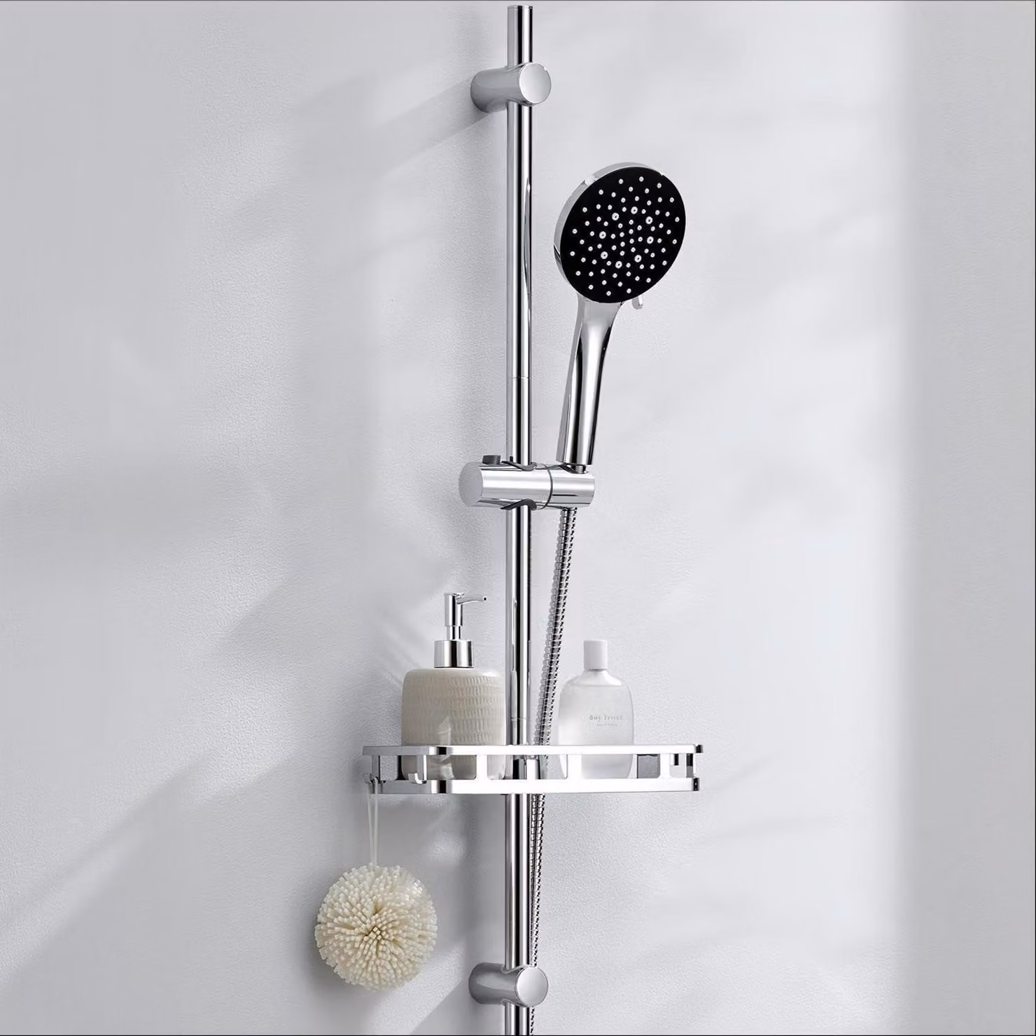 Set doccia in acciaio inossidabile da 90 cm, con ripiano e 6 funzioni, colore nero