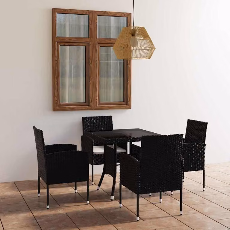 Set da giardino vidaXL composto da 5 pezzi in polyrattan nero con piano in vetro e design moderno