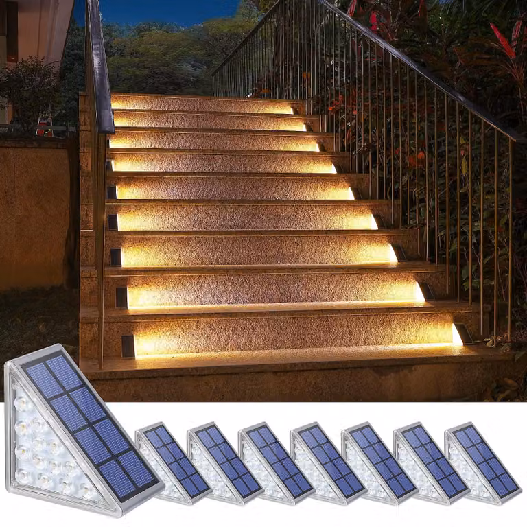 Set di 8 luci solari per gradini, a forma triangolare, luce bianco caldo, 13 LED, grado di protezione IP67