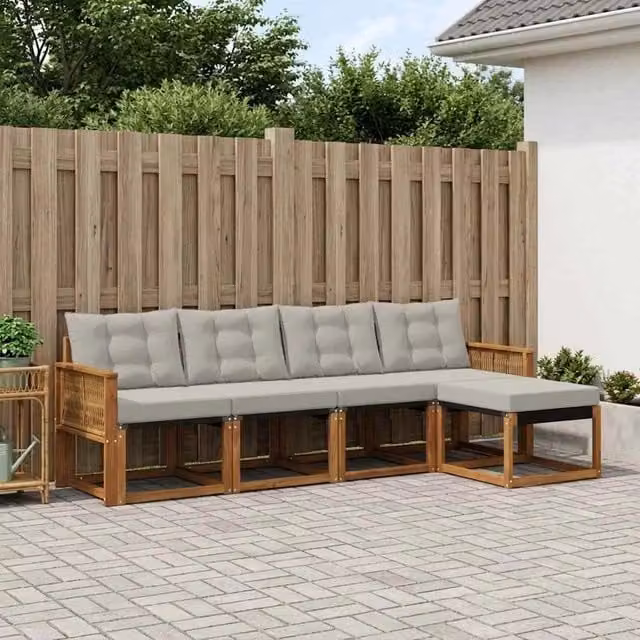 Set di divani da esterno a forma di L vidaXL in legno di acacia con cuscini beige e grigio – 1