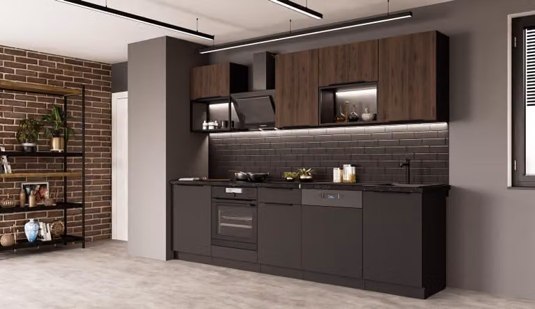 Cucina SIENA + MONZA BASIC LOFT 280 cm, linea cucina, blocco cucina, cucina componibile, noce Okapi + nero opaco