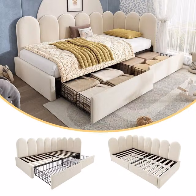 Letto imbottito singolo con cassetti ¨C Minimal ¨C Beige velluto 90x200cm con rete a doghe