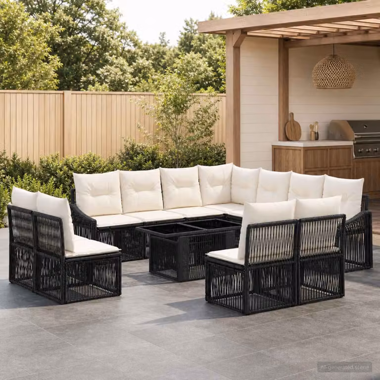 Set Divano da Giardino vidaXL 12 pz in Polyrattan Nero e Bianco Crema con Cuscini e Tavolino da Esterno a Forma di L