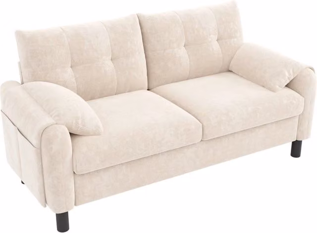 Divano dritto 2 posti con cuscini spessi, tasche laterali e braccioli imbottiti in ciniglia beige