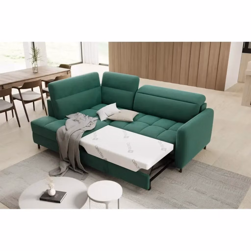 Divano angolare sinistro convertibile BARNEA MEUBLORAMA verde con contenitore e funzione letto, L 208 x P 100 x H 114 cm – 2
