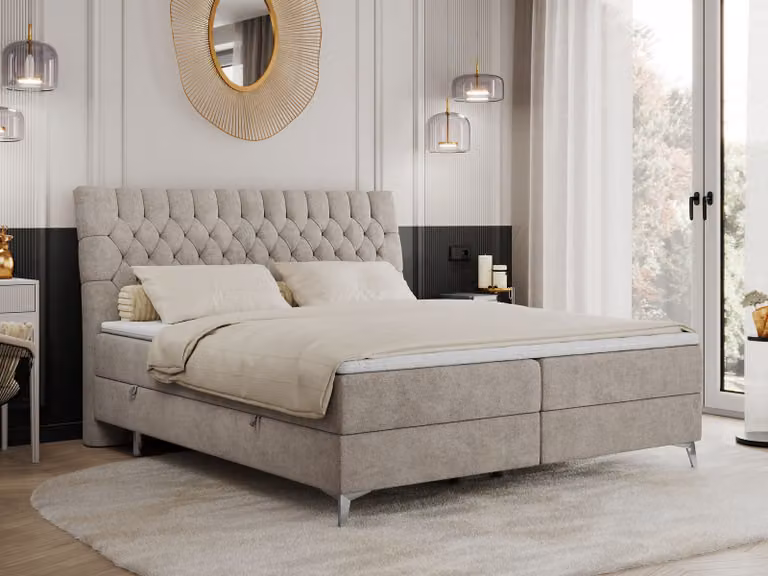 Letto con rete a molle 200x200 con 2 contenitori per biancheria, materasso e topper, letto imbottito 200x200, letto 200x200 - MILEN - 200x200 cm - Beige - Struttura - H4