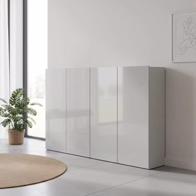 Scarpiera Abdul DMORA, Armadio da ingresso moderno con ante a battente, Grigio lucido, L: 160 cm, P: 34 cm, H: 115 cm