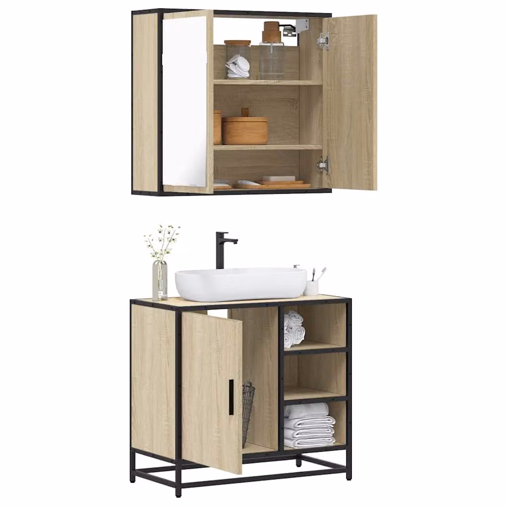 Set Mobili da Bagno 2 pz vidaXL in Stile Industrial con Mobile Lavabo e Armadietto con Specchio Marrone – 1