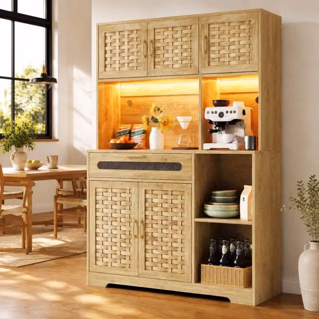 Credenza alta 120x40x180 cm con LED smart, ante in vetro e ripiani regolabili