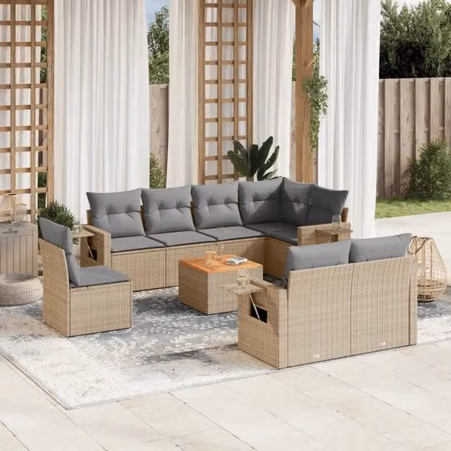 vidaXL Set Divano da Giardino a L in Polyrattan con Cuscini Beige e Grigio e Tavolino da Esterno