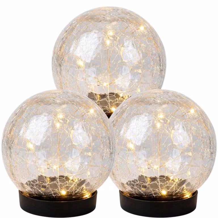 3 lampade solari a LED, a forma di sfera, con effetto vetro scheggiato, realizzate in vetro, grado di protezione IP44, con batteria integrata, diametro 12 cm