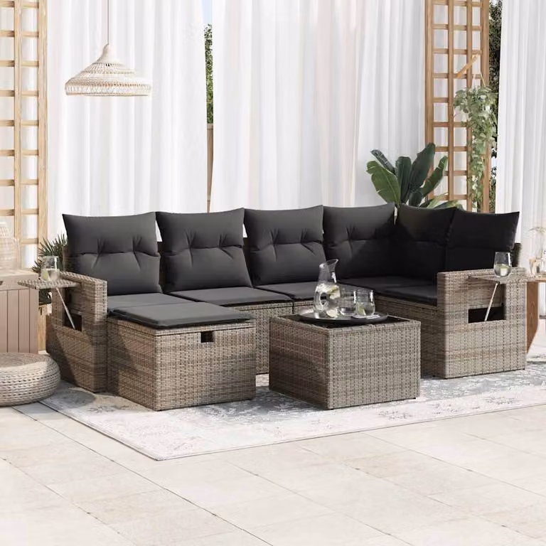 Set da giardino vidaXL in polyrattan grigio composto da 7 pezzi con cuscini e tavolino da esterno a forma di L