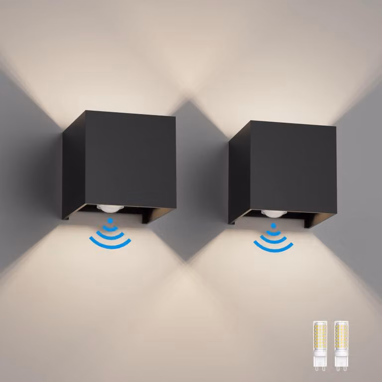 Set di 2 luci da esterno per parete, con sensore di movimento, 4000 K, colore nero