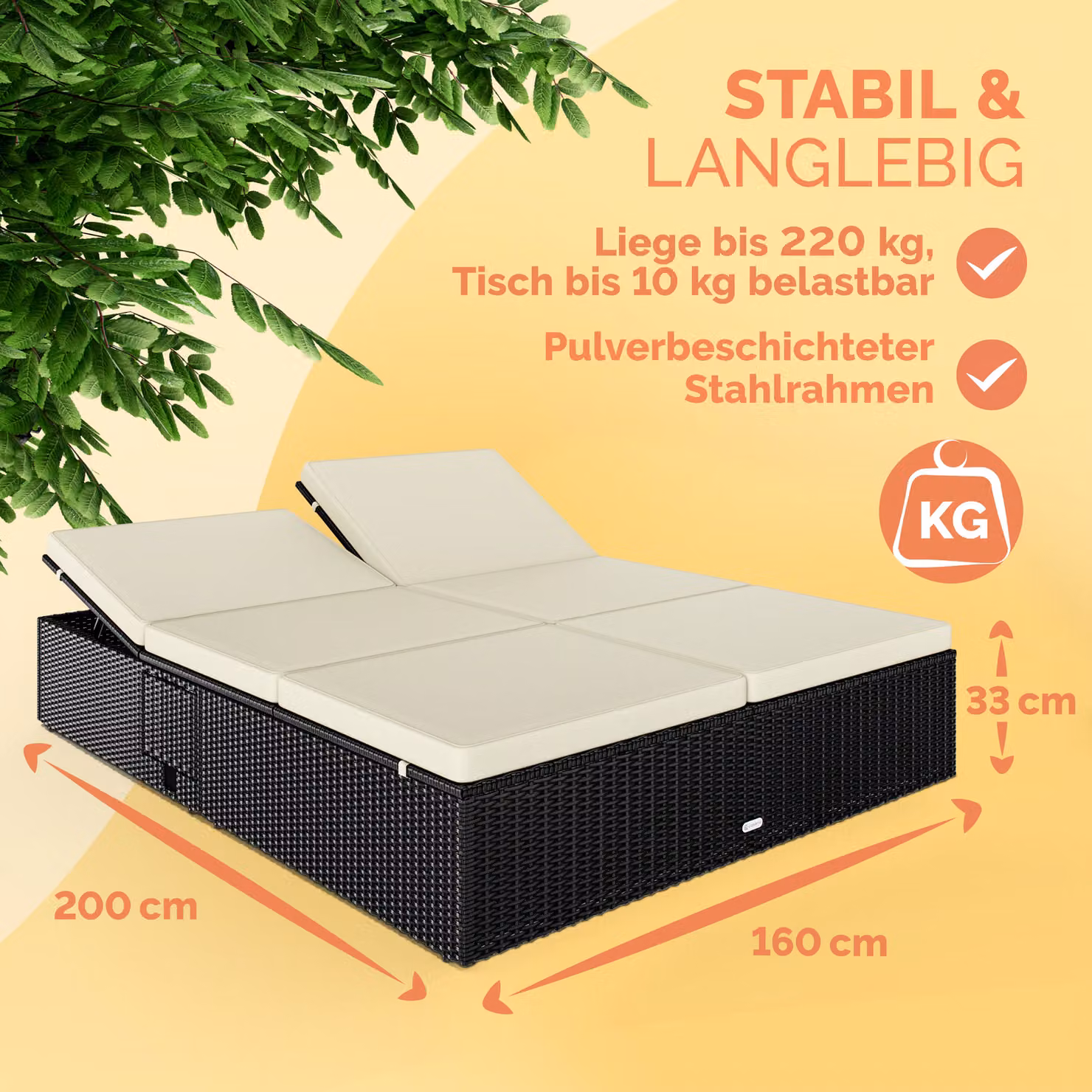 Lettino da giardino CASARIA in polyrattan nero e beige con poggiatesta regolabile e vassoio laterale L/P/H: 220 x 160 x 33 cm – 2