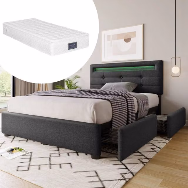 Letto singolo imbottito con LED e 2 cassetti; grigio; 90x200 cm