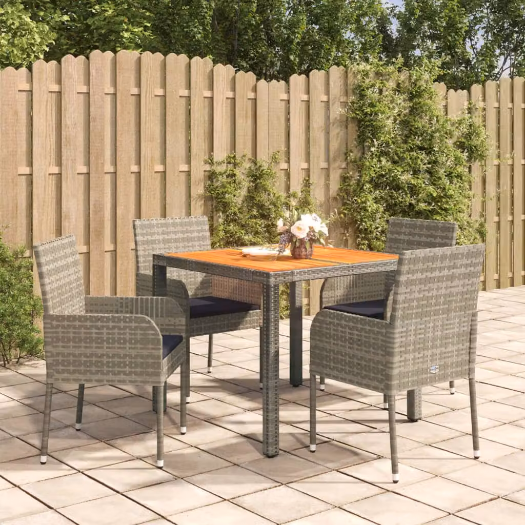 Set da pranzo da giardino vidaXL in polyrattan e legno di acacia grigio con 5 pezzi e cuscini