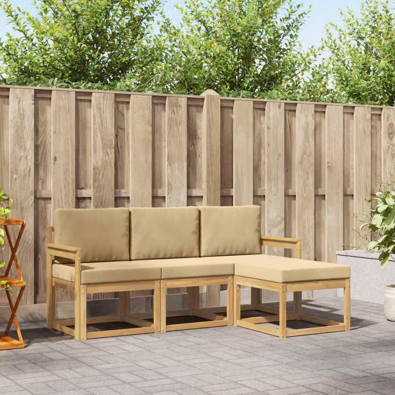 Set di divani da esterno vidaXL a forma di L in legno di acacia marrone e beige con cuscini inclusi