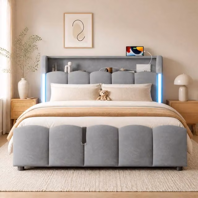Letto con contenitore idraulico 140 x 200 cm in velluto grigio con LED; USB e Type-C