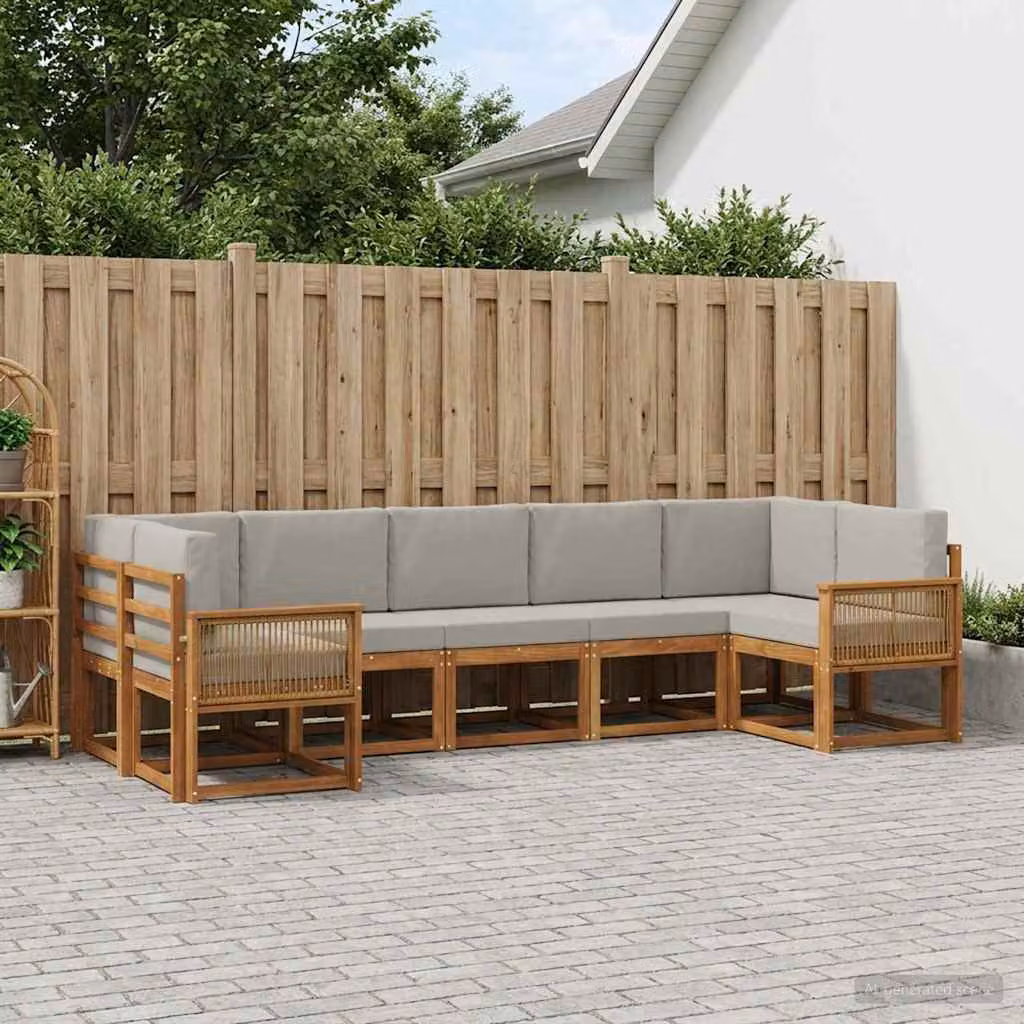 Set di divani da esterno a L vidaXL in legno di acacia con cuscini, 7 pezzi, Marrone e Grigio