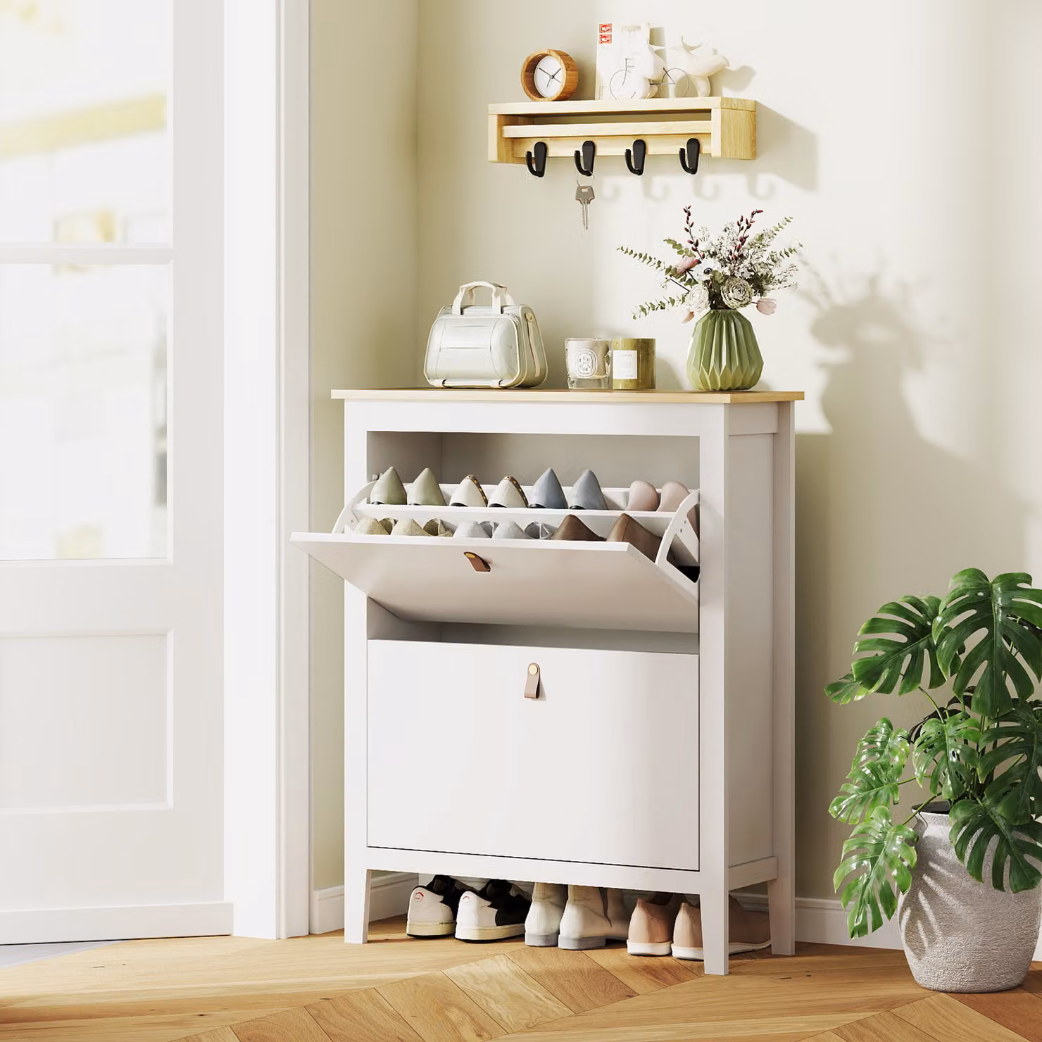 Scarpiera Slim HOMCOM con 2 Cassetti e Ripiani Regolabili per 14 Paia di Scarpe, Bianco, L 80 cm x P 24 cm x H 95.5 cm – 2