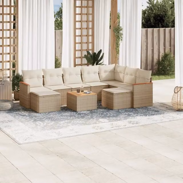 Set Divano da Giardino 10 pz con Cuscini Beige in Polyrattan 3226548
