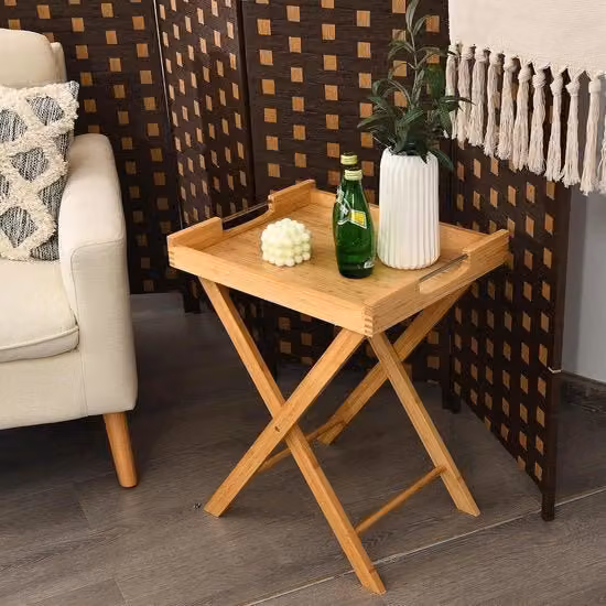 Tavolo supplementare, pieghevole, tavolo pieghevole in bambù, tavolo da giardino portatile con piatto da tavola rimovibile, 47 x 38 x 58,5 cm