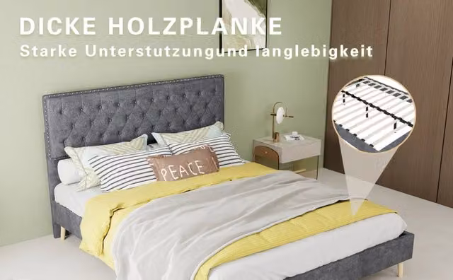 Letto imbottito basso con testiera morbida, velluto olandese, grigio, 140x200 cm, senza materasso