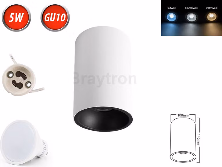 Plafoniera BETA-SR Faretto a superficie Lampada Ø100mm Faretto a superficie con lampadina LED GU10 5W bianco freddo Rotondo Bianco/Nero