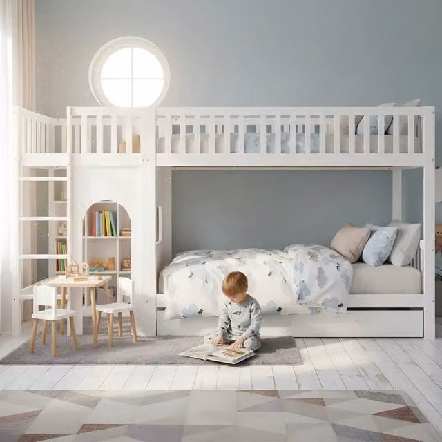 Letto a castello per bambini 90 × 200 cm con scala dritta a 4 gradini, barriere su 4 lati, senza materasso, bianco naturale