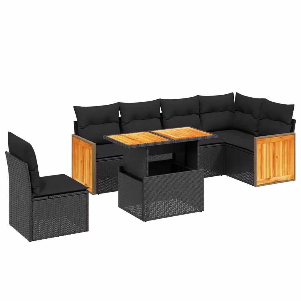 vidaXL Set Divano da Giardino a L con 7 Cuscini Nero in Polyrattan e Legno di Acacia – 2