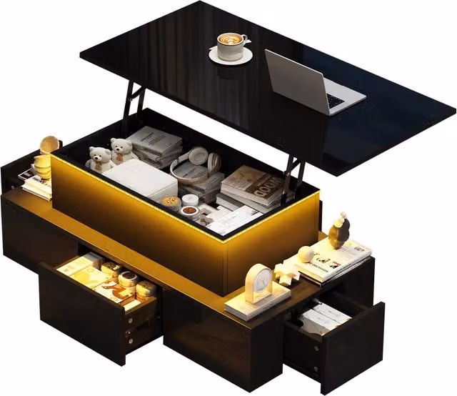 Tavolino da salotto elevabile con 4 cassetti, vano nascosto, LED e USB, nero lucido, 100 × 50 × 40 cm